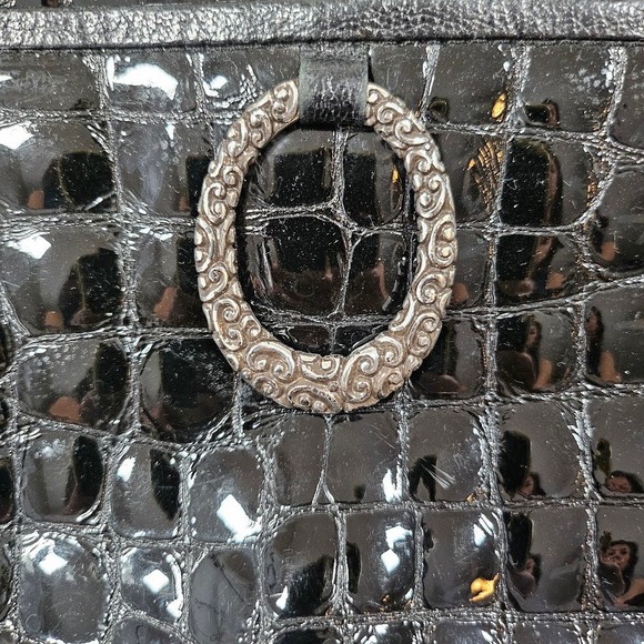 Brighton Black Croc Embossed Patent Leather Shoulder Bag Hobo Silver Tone - Picture 13 of 16